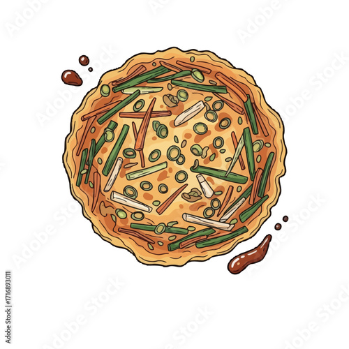 Topdown view round korean pancake jeon topped with green onions and other ingredients, with sauce drips