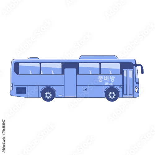 Blue cartoon bus with korean text bus on the side, , representing public transportation and travel