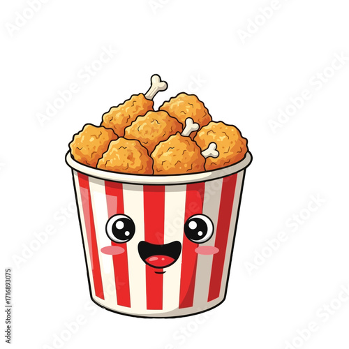 Cute cartoon bucket fried chicken with happy face, , representing fast food and unhealthy eating habits in fun and playful way