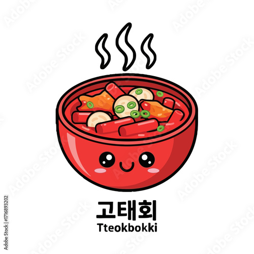 Delicious cartoon tteokbokki in red bowl with steam, featuring cute smiling face, with korean text and english tteokbokki below, , representing korean street food