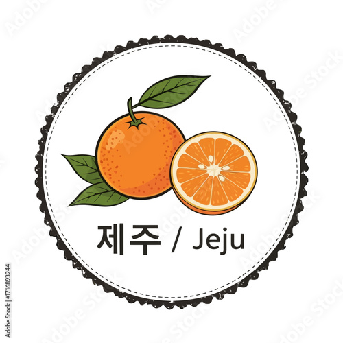 Stylized whole orange and half orange with green leaves, set within decorative circular border, with korean and english text jeju below, representing the famous jeju tangerines from south korea