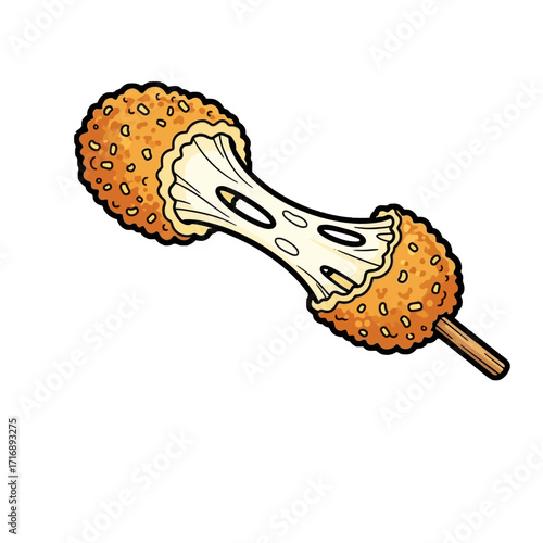 Cartoonstyle drawing deepfried cheese ball on stick, with melted cheese stretching out, isolated on transparent, ideal for fast food and snack imagery