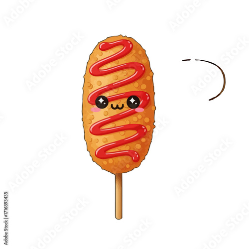 Cute cartoon corndog with happy face and ketchup drizzle