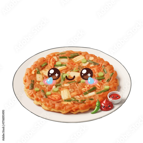 Deliciouslooking korean pajeon, savory pancake, topped with kimchi and vegetables, decorated with cute cartoon face and served with dipping sauce and chili pepper, isolated on transparent