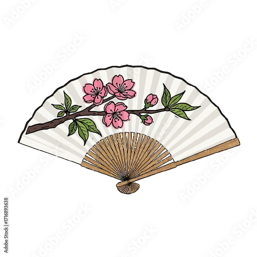 Traditional japanese folding fan decorated with branch blooming pink cherry blossoms and green leaves, isolated on transparent, symbolizing spring and beauty