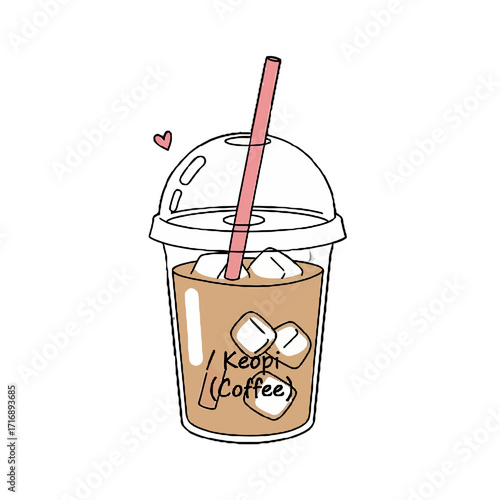 Handdrawn refreshing iced coffee in clear plastic cup with pink straw and ice cubes, featuring small pink heart and korean text keopi and english text coffee inside, isolated on transparent