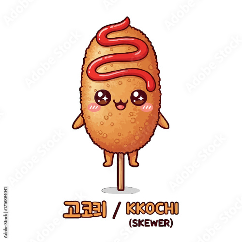 Adorable cartoon korean corn dog character, known as kkochi, with ketchup drizzle and cute eyes, , representing street food