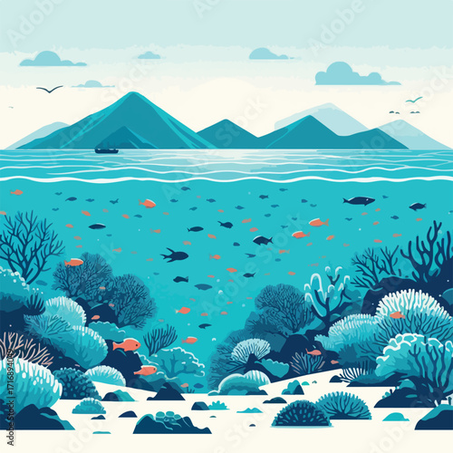 Great Barrier Reef with a simple and minimalist flat design using a white background