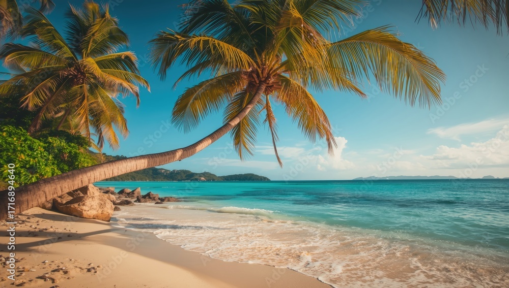 Obraz premium Lush tropical paradise with swaying palm trees casting shadows on a pristine beach.