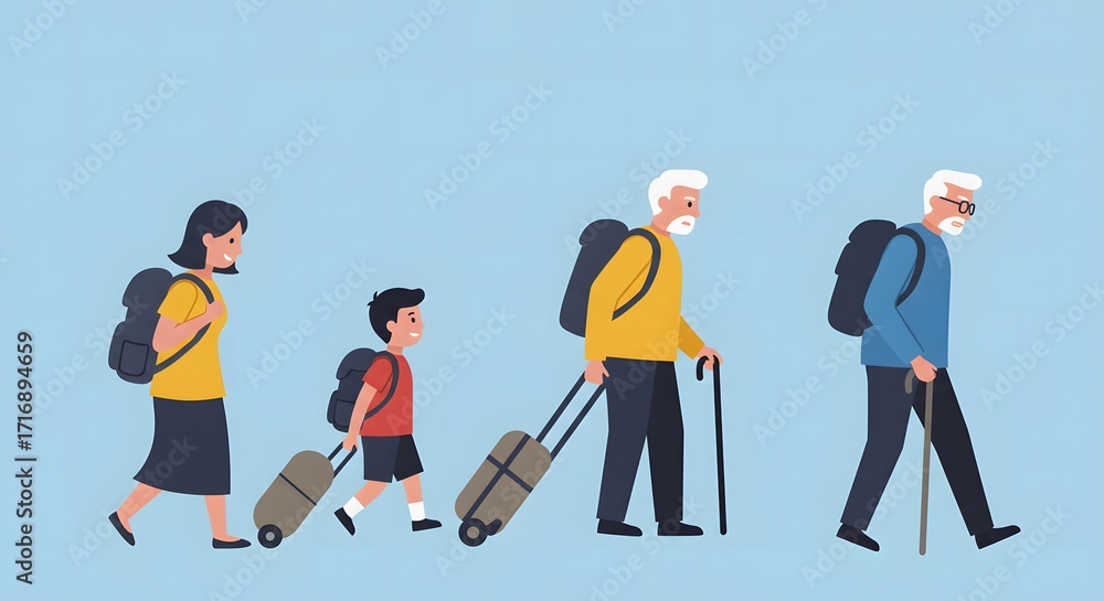 Obraz premium Generational Travel: Family Journey Through Life Stages with Luggage and Backpacks