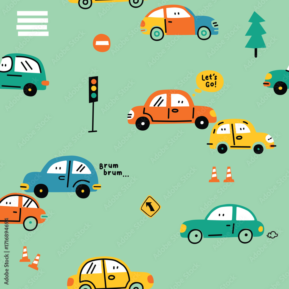Naklejka premium Seamless Pattern of Cute Cartoon Cars with Traffic Signs 