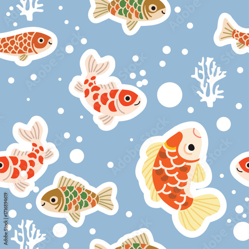 Seamless Pattern of Colorful Koi Fish and Coral on Blue Background 