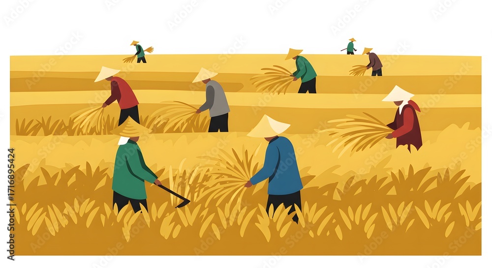 Obraz premium Golden Harvest: Farmers in Conical Hats Harvesting Rice in a Field, Illustration