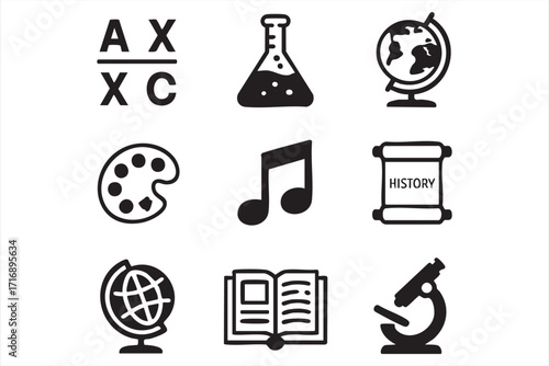 Vector icons of academic subjects including math, science, art, and music for school education