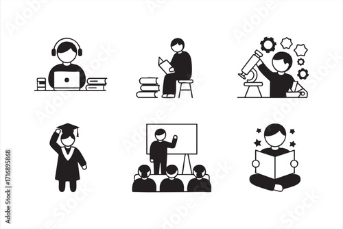 Vector icon set of students and education activities including online learning, reading, science experiments, graduation, classroom teaching, and studying for academic and school design projects