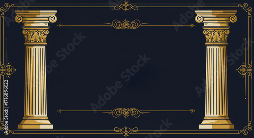 Golden ornate columns and decorative frame on a dark background for conspiracy or freemasonry concept.