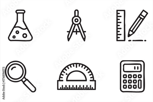Minimal line art education symbols set with math and science equipment icons