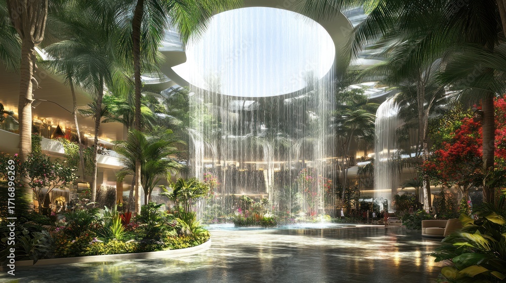 Naklejka premium Lush indoor shopping center with waterfalls
