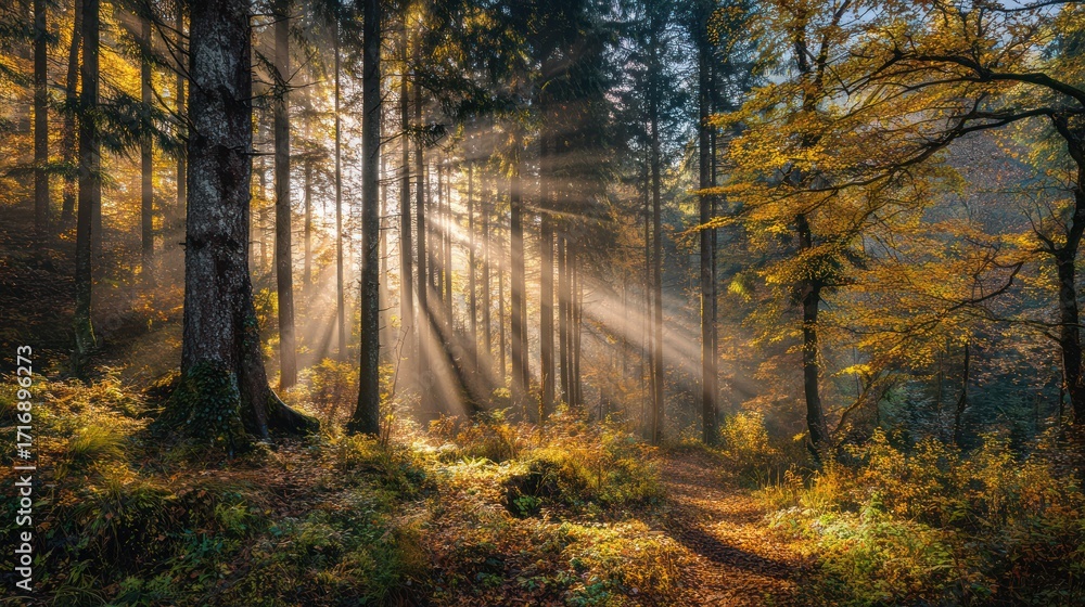 Fototapeta premium Forest scene bathed in golden sunlight, autumn foliage, path through towering trees, misty air