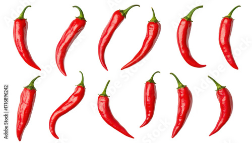 A arrangement of fresh red chili peppers displayed against a clean white background. emphasizing their glossy texture and vivid color. ideal for culinary and food-related themes