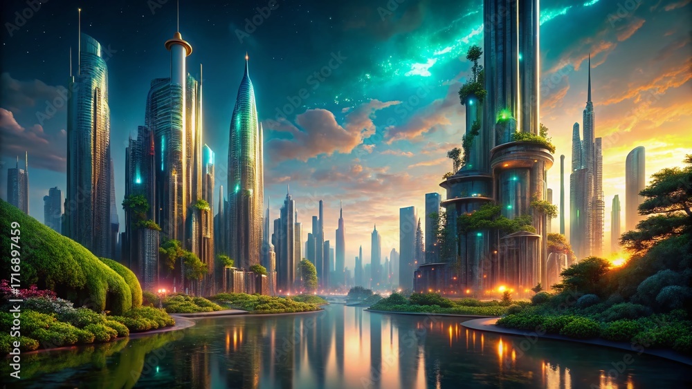 Naklejka premium Futuristic Cityscape: A Glimpse into a Machine Civilization's Sacred Spaces