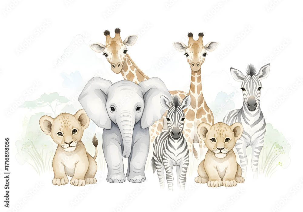 Obraz premium Soft pastel-toned watercolor safari animals in a gentle nursery wall art style