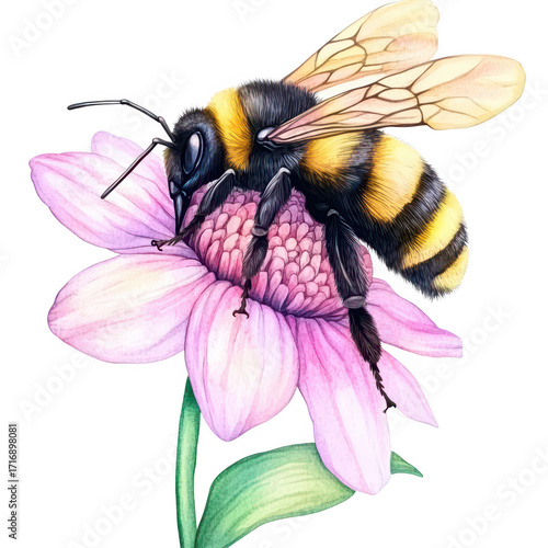 A detailed illustration of a bumblebee perched on a pink echinacea flower. the intricate textures of its wings and body against a clean white background. ideal for educational or decorative use