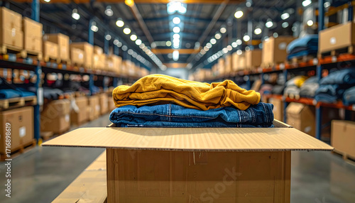Stacked clothing items inside a cardboard box, set against a warehouse filled with inventory.
