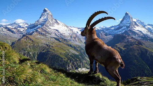 Ibex stares at snow-capped mountain peaks under a bright blue sky