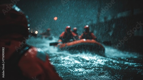 Emergency Rescue Team In Rapid River At Night