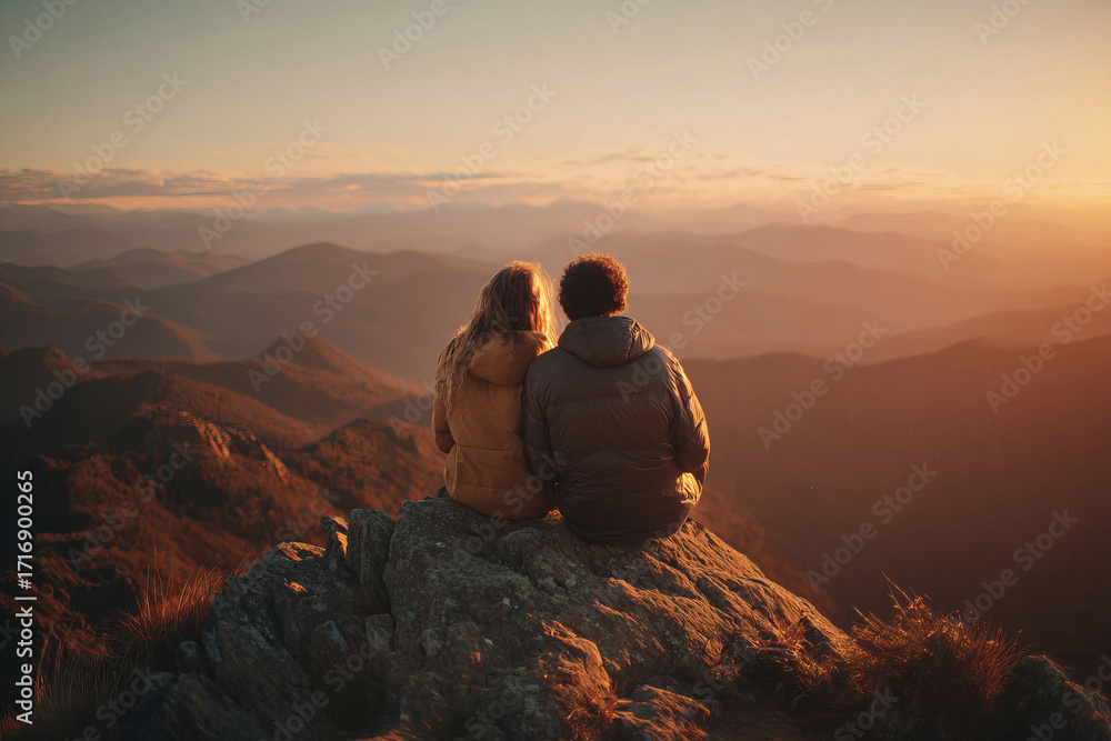 Fototapeta premium Couple sitting on mountain peak at sunset
