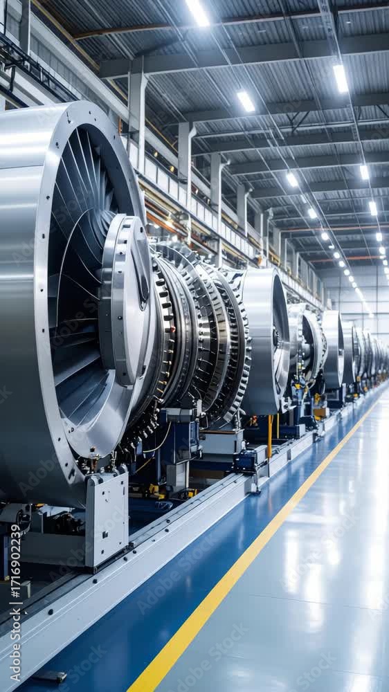Aircraft engine assembly line in factory, aerospace manufacturing ...