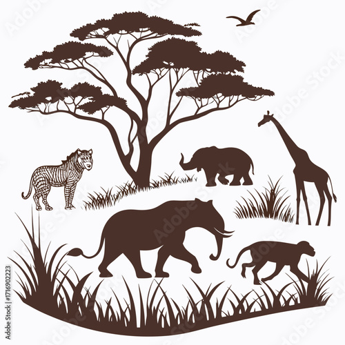 “Wildlife safari silhouette collection: lions, elephants, giraffes, zebras, rhinos, cheetahs, monkeys, savannah animals for safari tours, wildlife posters, eco branding, and nature-inspired designs”