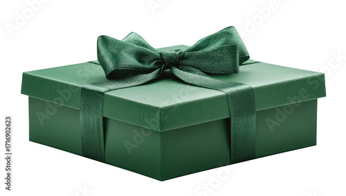 A beautifully wrapped green gift box with a satin ribbon. resting on a plain white background. perfect for celebrations and special occasions