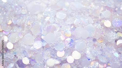 A close-up view of a dazzling array of iridescent, light purple and white glitter, showcasing a dreamy, ethereal texture.