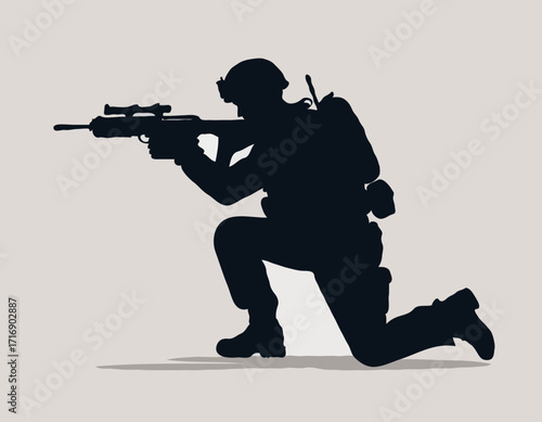 Crouching Silhouette of a Military Soldier Aiming a Handgun, Tactical Action Pose, Minimalist Vector Icon Representing Armed Forces.
