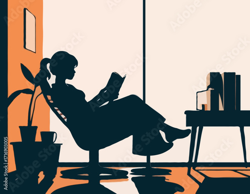 a girl reading book on the sitting chair in front of reading table silhouette