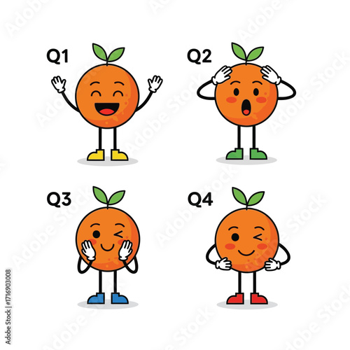 Cute Orange Fruit Character Illustrations with Various Expressions