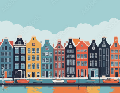 Netherlands Houses, Amsterdam traditional colorful homes, architecture illustrations