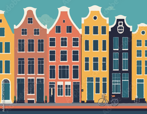 Netherlands Houses, Amsterdam traditional colorful homes, architecture illustrations