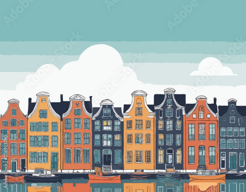 Netherlands Houses, Amsterdam traditional colorful homes, architecture illustrations
