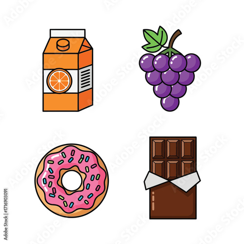 Colorful icons of popular snacks and drinks fresh orange juice, sweet grapes, a glazed donut, and a dark chocolate bar