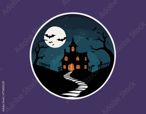 Witch or haunted house silhouette on the hill in a round shaped background. House, full moon, bats and pumpkins outline. Happy Halloween. Vector illustration