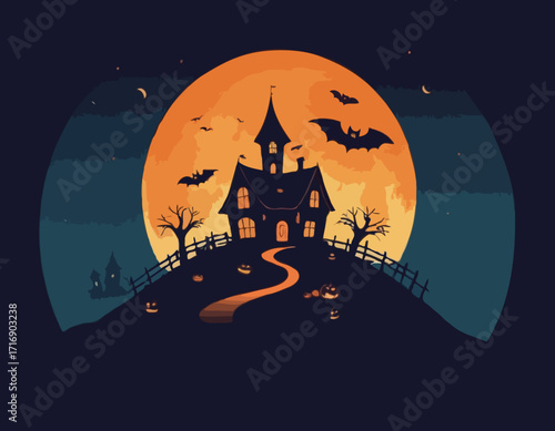Witch or haunted house silhouette on the hill in a round shaped background. House, full moon, bats and pumpkins outline. Happy Halloween. Vector illustration