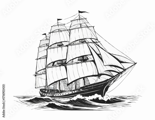 Vintage sailboat. Clipper ship black and white sketch. Pirate ship sailboats in sea waves, sailing ship in retro hand drawn engraving style