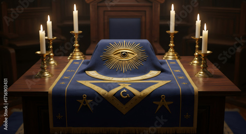 Masonic table with all seeing eye symbol and square and compasses with candles. Freemasonry concept with occult symbols on dark background.
