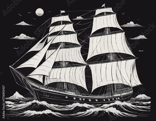 Vintage sailboat. Clipper ship black and white sketch. Pirate ship sailboats in sea waves, sailing ship in retro hand drawn engraving style