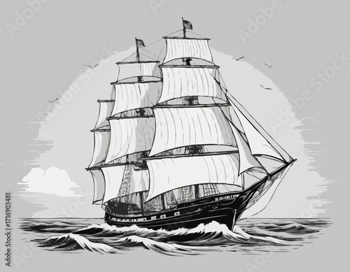 Vintage sailboat. Clipper ship black and white sketch. Pirate ship sailboats in sea waves, sailing ship in retro hand drawn engraving style