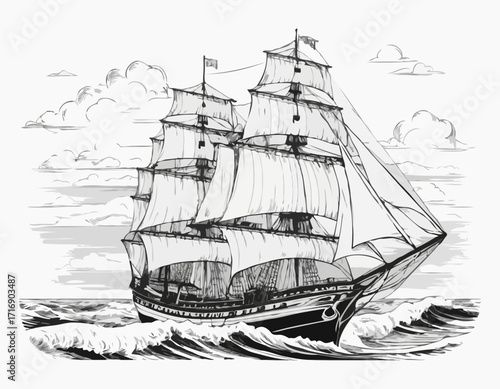 Vintage sailboat. Clipper ship black and white sketch. Pirate ship sailboats in sea waves, sailing ship in retro hand drawn engraving style