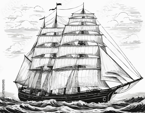 Vintage sailboat. Clipper ship black and white sketch. Pirate ship sailboats in sea waves, sailing ship in retro hand drawn engraving style